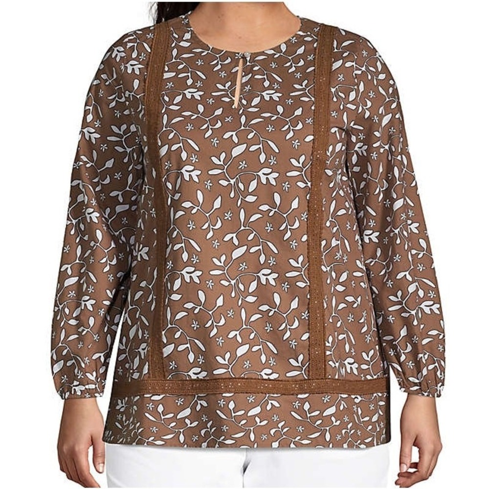 Lands End Blouse Women 2XL Brown White Floral Cotton Poplin Split Neck Tunic Top